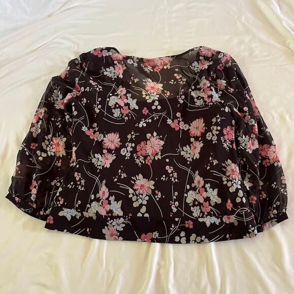 Brown Floral Sheer Ruffle Baby Doll Wrap Blouse Top Sz 6P Forest Fairy Grunge - Picture 2 of 7